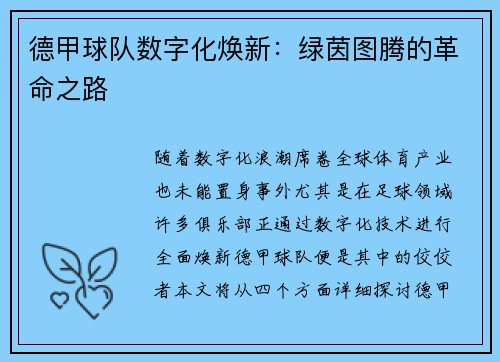 德甲球队数字化焕新：绿茵图腾的革命之路